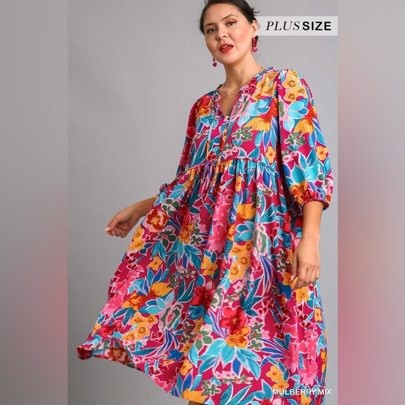 Umgee Full Size Floral Print Tie Neck Midi Dress with Pockets Plus Size🆕 - Picture 8 of 8